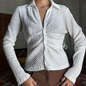 White Waffle Button-Up Blouse – Versatile & High-Quality, Size S